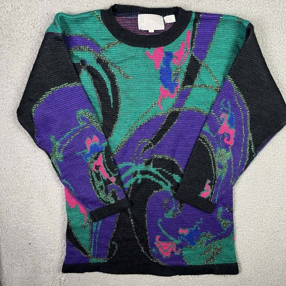 Vintage 90s Metallic‎ Knit Pullover Sweater Teal  Purple Black Geometric Medium